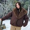 Women Thick Fur Collar Workwear Padded Parka Long Sleeve Winter Coat