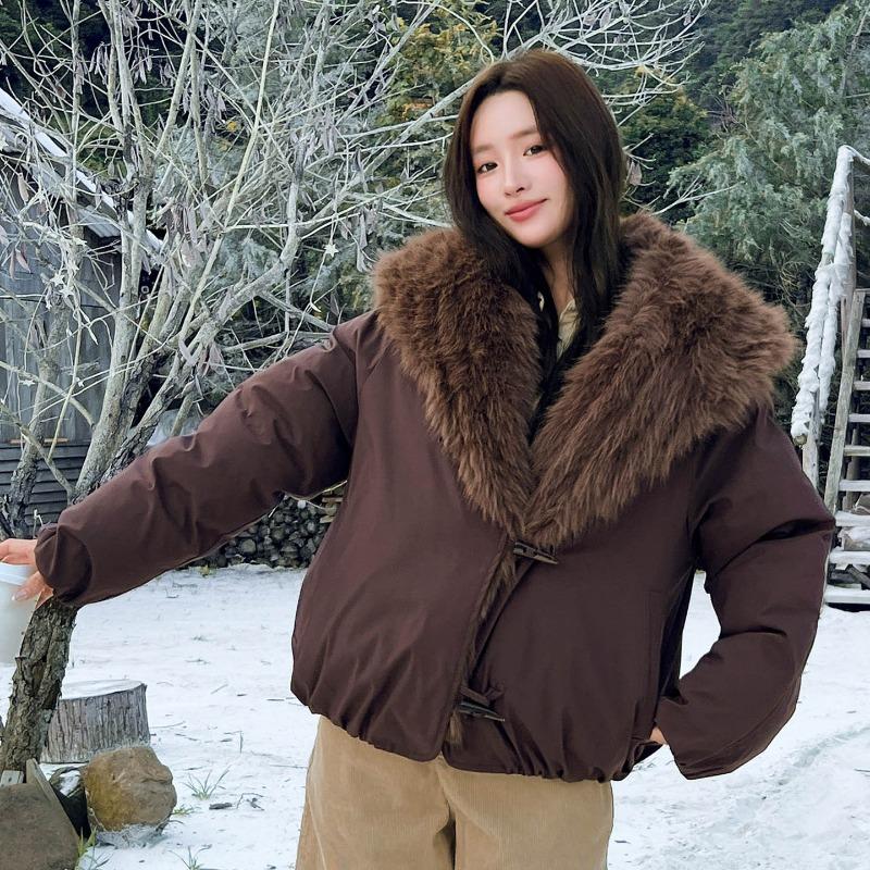 Women Thick Fur Collar Workwear Padded Parka Long Sleeve Winter Coat