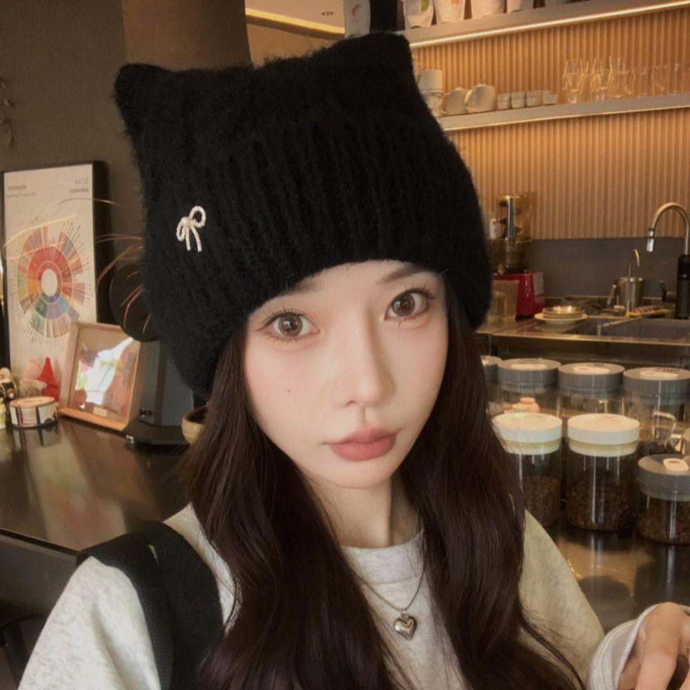 Japanese Style Woolen Knitted Hat Solid Color Women Beanie Hat Cat Ears Pullover Hat Girls