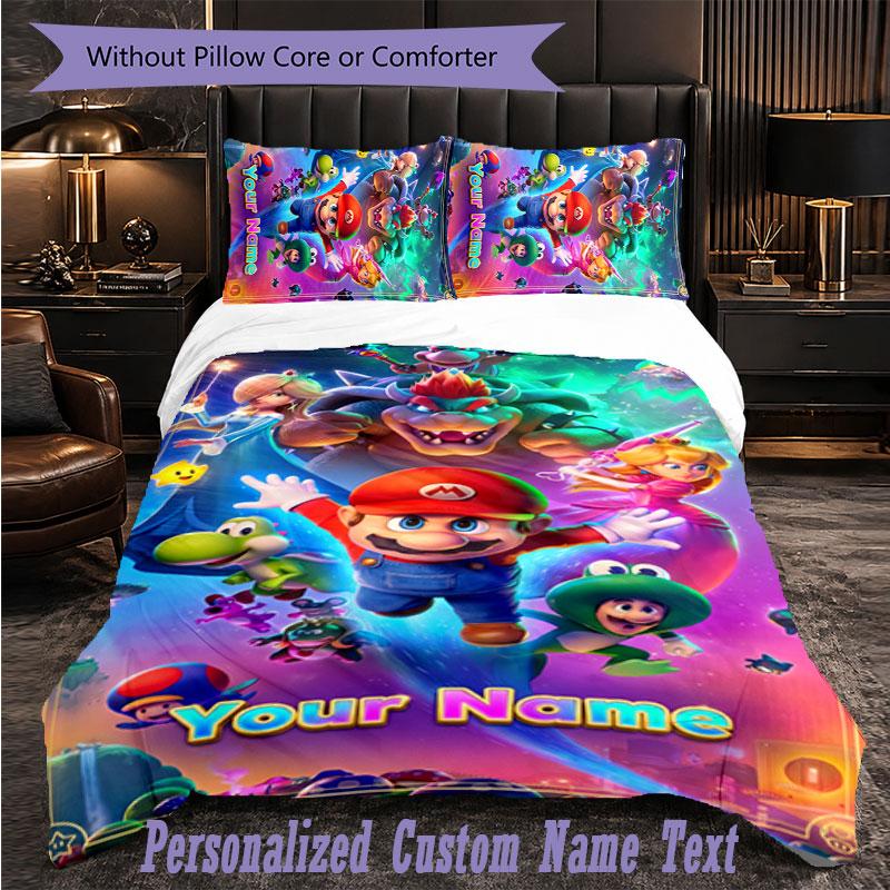 Personalized 3Pcs Bedding SetSuper Mario Custom Text Duvet Cover Pillowcase Set Bedroom Gift