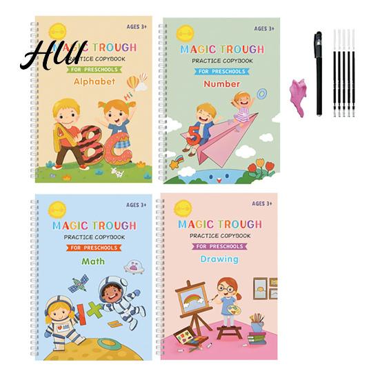Kids Writing Practice 4Pcs Grooved Book with Pens Refills Pencil Gripper Reusable Handwriting Workbooks Alphabet Tracing Learning Children Workbook