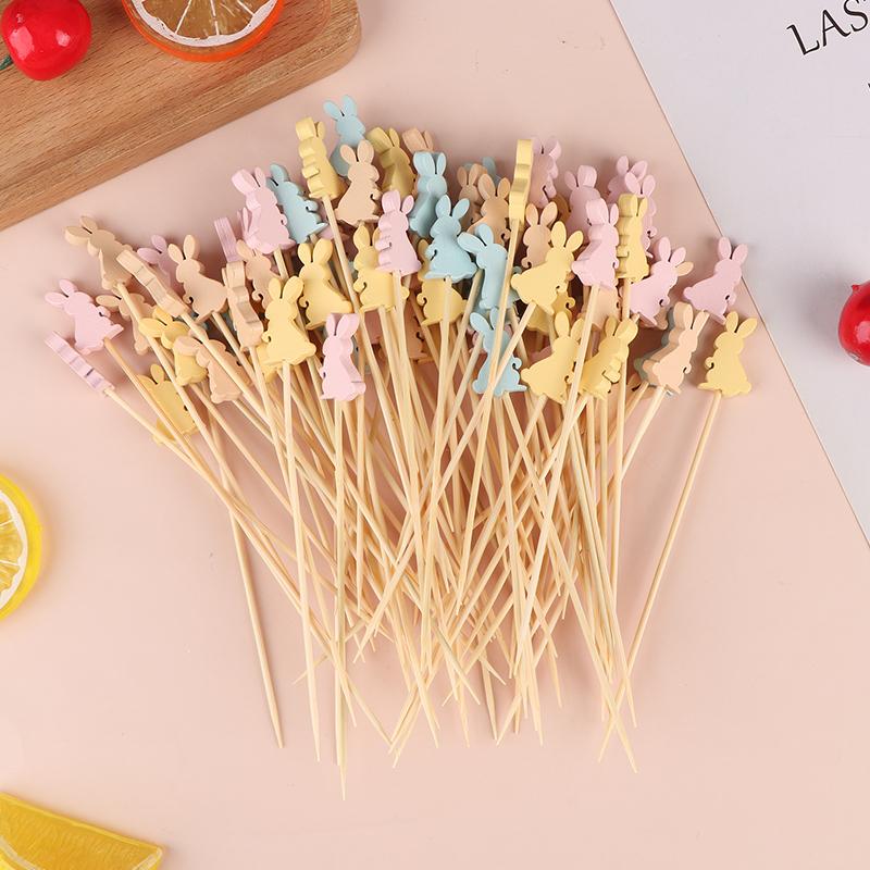 100Pcs Easter Disposable Bamboo Skewers Rabbit Eggs Food Picks Fruit Fork Sandwich Buffet Stick Easter Decoration 2024 Birthday