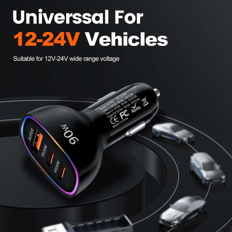 Автомобильное зарядное устройство 90 Вт USB, 3 порта, двойной PD30 Вт, QC3.0, сверхбыстрая зарядка, адаптер питания, универсальное автомобильное зарядное устройство для телефона iPhone 17 16 Pro