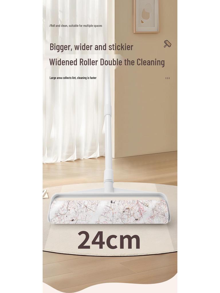 Long-Handle Lint Roller: Hair & Dust Removal Sticky Brush with Tearable Rolls for Floor and Bed.