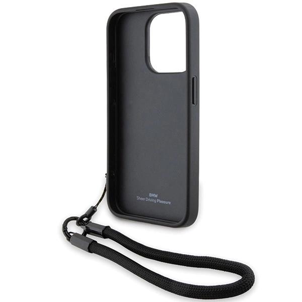 Bmw Signature Leather Wordmark Cord Case For Iphone 15 Pro - Black