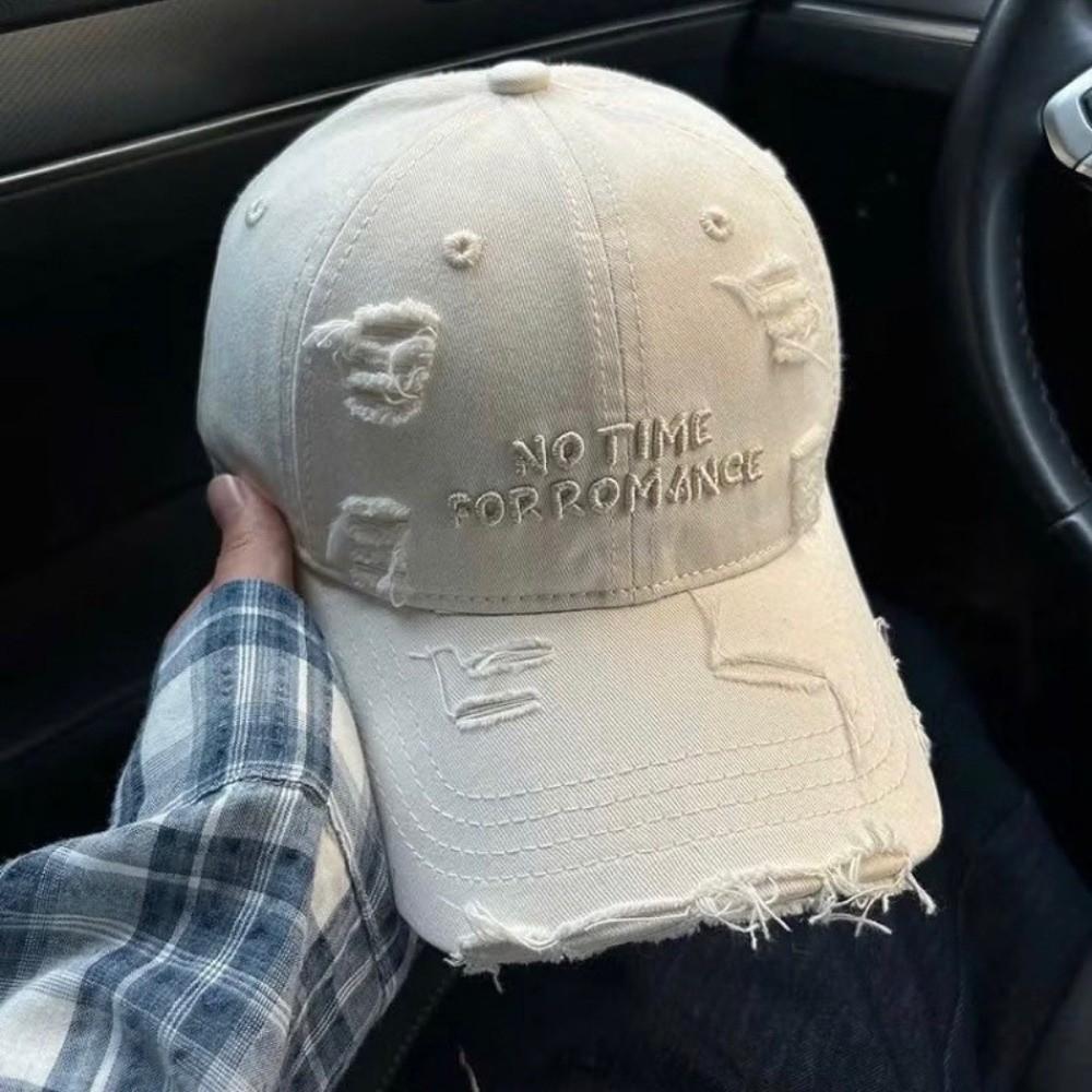 Korean Letter Baseball Hat Adjustable Holes Peaked Cap Solid Color Ripped Baseball Cap Outdoor