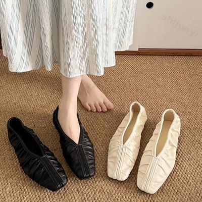 Модные элегантные туфли-лодочки с квадратным носком, плиссированным верхом и неглубоким вырезом, повседневные, на плоской подошве, для женщин, новинка осени 2025 года, универсальные, удобные, модные балетки