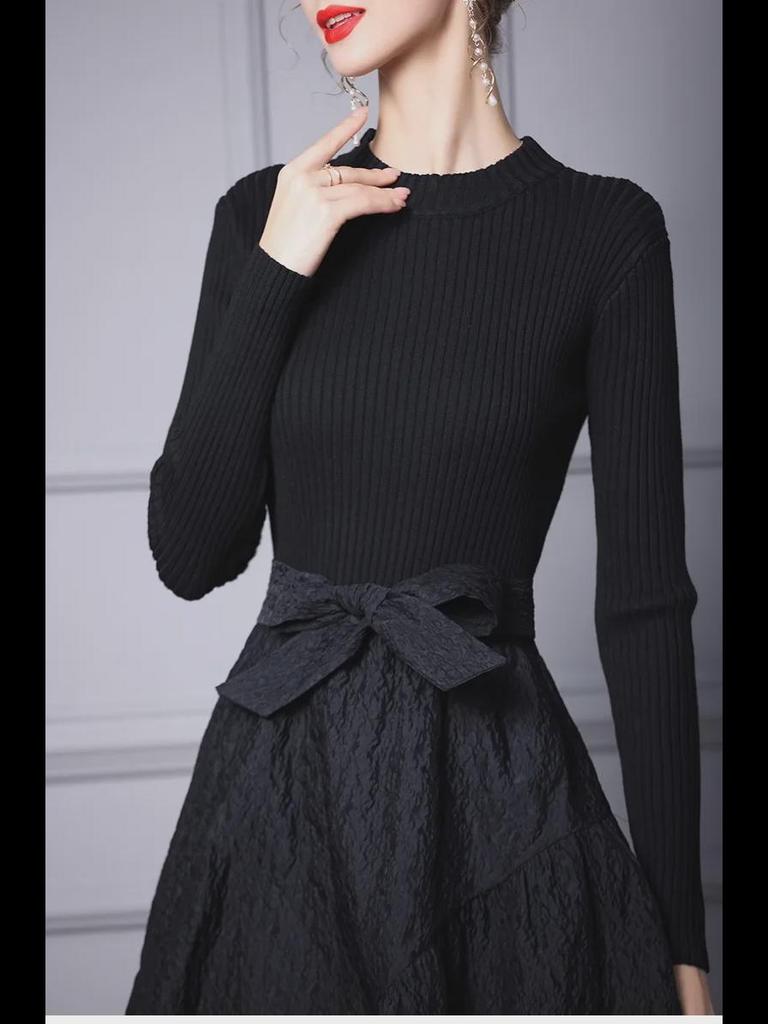 Zhili Women's Black Knitted Sweater Dress - Spring 2025 Collection, Mid-Length, Long-Sleeved