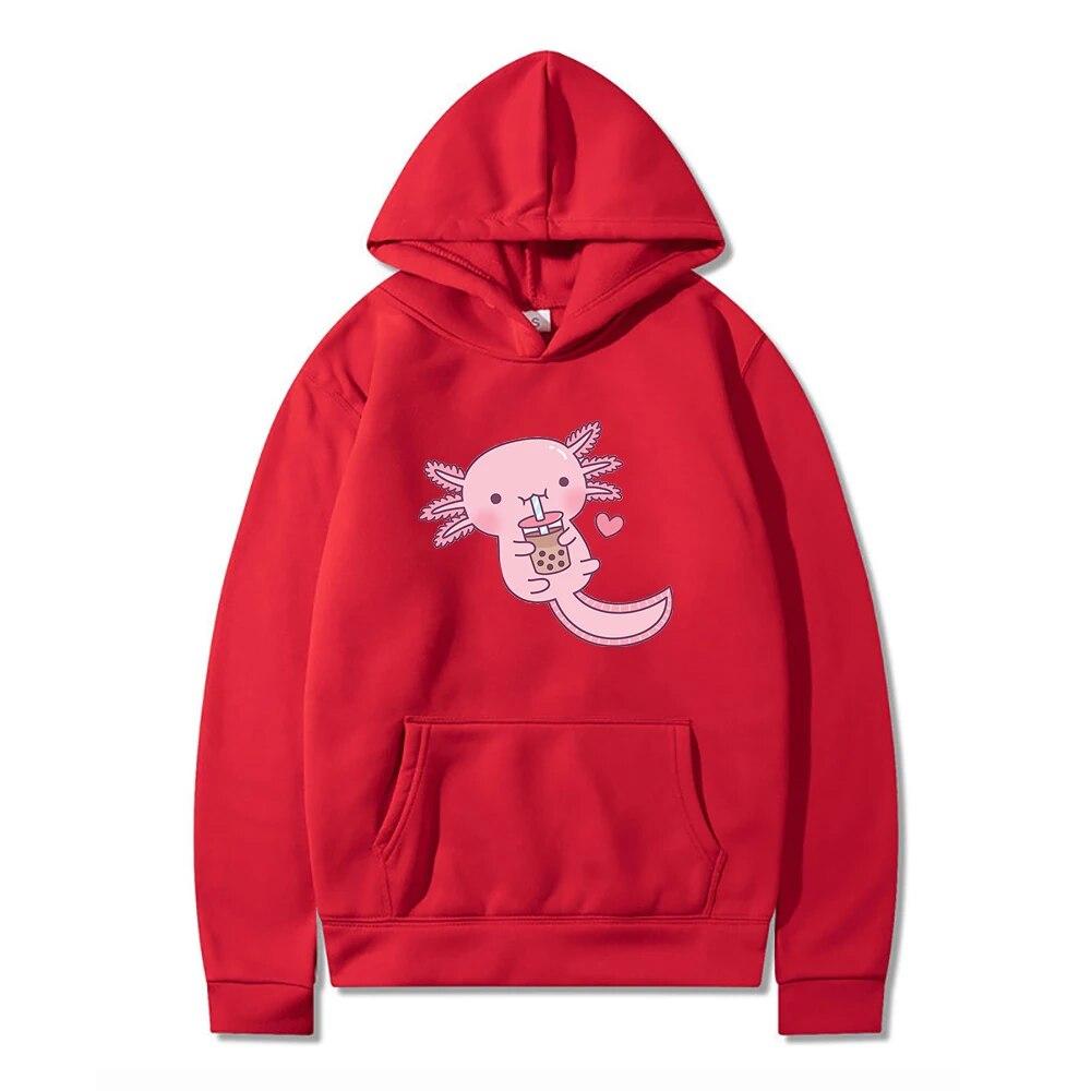 Забавные женские милые толстовки с капюшоном «Аксолотль любит пузырьковый чай» Толстовка с принтом Свободная толстовка с капюшоном большого размера с мультяшным принтом Уличная одежда Розовая одежда