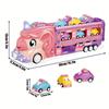 Pink Unicorn Transport Truck Toy with Extended Track Mode, Foldable Storage, Lights Music Effects, Includes 6 Mini Cars , Toy Cars