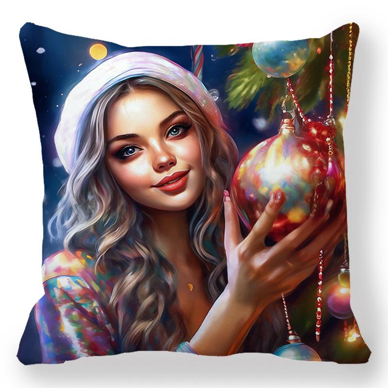 Christmas Cartoon Oil Painting Theme Digital Printing Short Plush Pillow Covers For Car Sofa Office Cushion Cover Home Goods