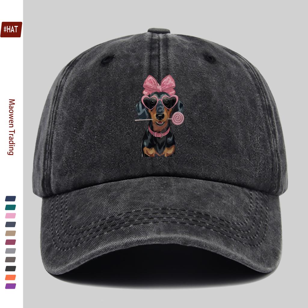 pc Cute Dachshund Pattern Printed Baseball Cap with Pink Bow Design Sun Hat Comfortable Lightweight Trucker Style Decor Hat A