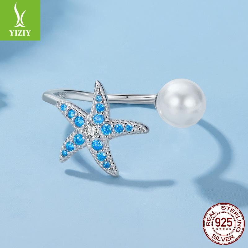 S925 Sterling Silver Starfish Bead Open Ring, Summer Small Fresh Design Ring Jewelry