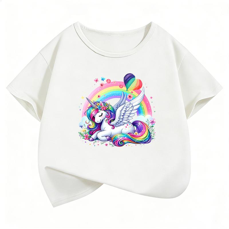 Fashion Rainbow Unicorn Horse Design TShirt Printed T Shirt Girls Summer Short Sleeve Tops TShirts Cute Kids Clothing