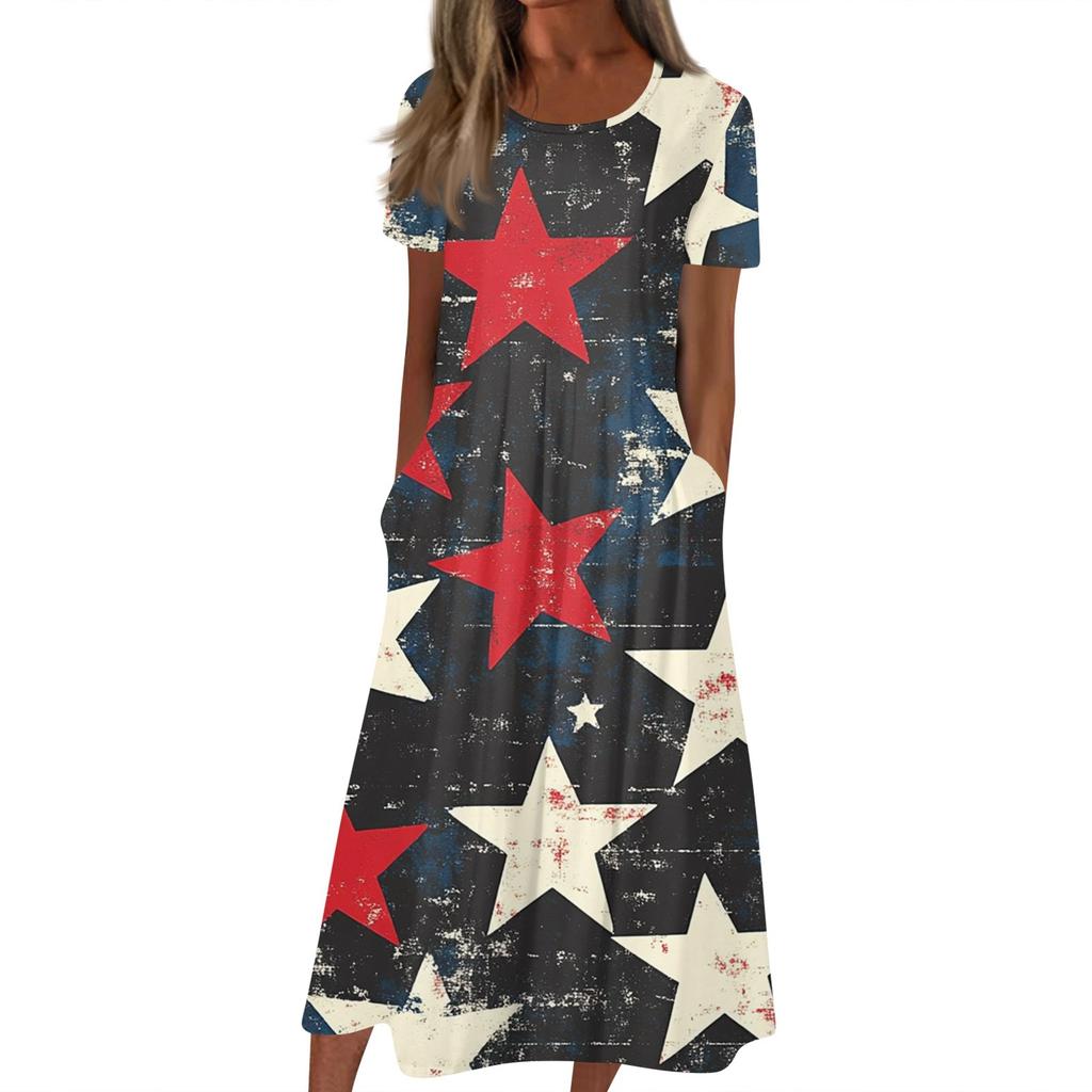 Женское летнее повседневное модное платье с коротким рукавом и карманом на День независимости с коротким рукавом