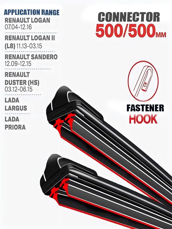 Hook Wiper Blades 500/500mm (20"+20") for Renault Logan/Sandero/Duster, Lada Largus & Priora