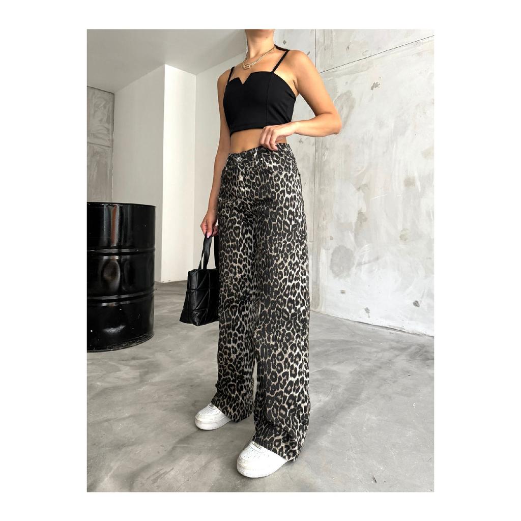 Women's Leopard Patterned High Waist Wide Leg Lycra Palazzo Pants