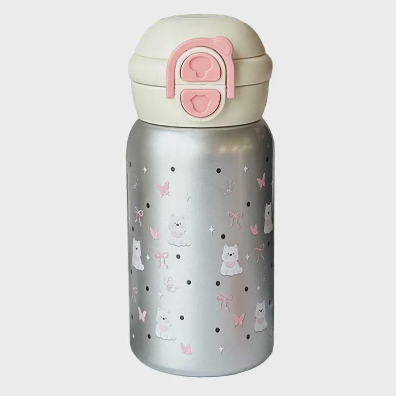 Cute Cartoon Print Double Drink Stainless Steel Thermos Cup with Straw - Portable Pop-Up Cup for Girls and Students