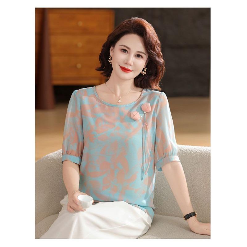 Женская блузка в китайском стиле с круглым вырезом, с короткими рукавами, акварельный узор, пуговица-лягушка, элегантный топ на каждый день