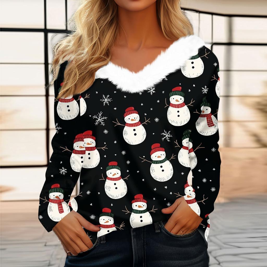 Женская футболка, рождественская рубашка с длинным рукавом, вечерние, рождественский флисовый воротник, топ с v-образным вырезом