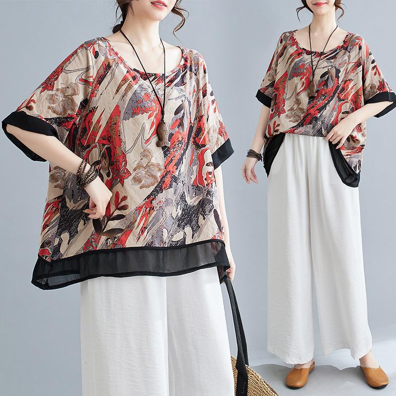 Футболка большого размера из хлопка и льна для женщин, летняя, новый стиль, литературный принт, свободная, с принтом мяса, повседневная, универсальная, с круглым вырезом и короткими рукавами