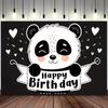 2D Black White Panda Birthday Photography Backdrop with Hearts for Photo Booth