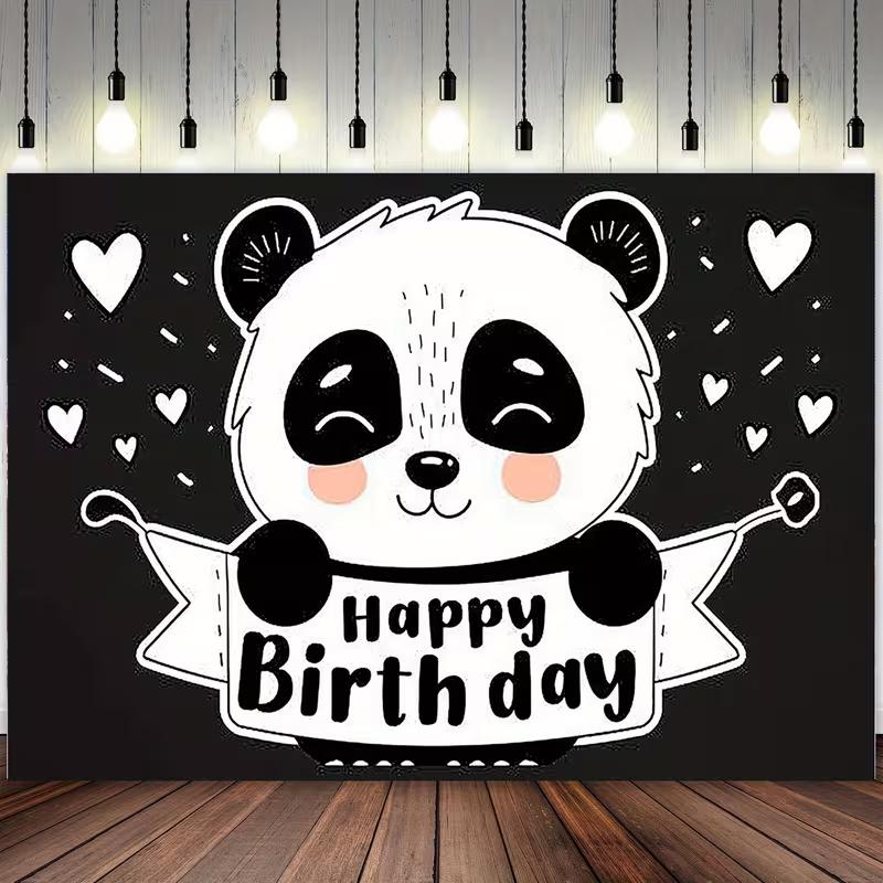 2D Black White Panda Birthday Photography Backdrop with Hearts for Photo Booth
