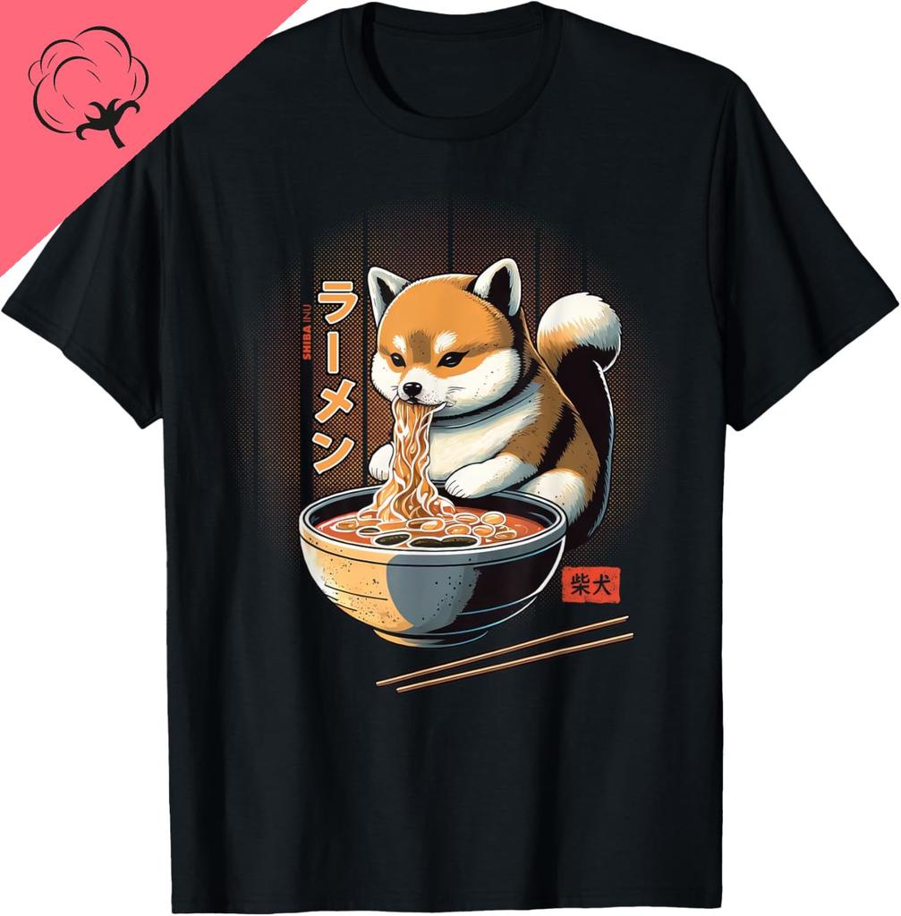Kawaii Shiba Inu Eating Ramen Dog Lover Gift TShirt Unisex Summer Streetwear Tops Streetwear Couple Camiseta Hombre