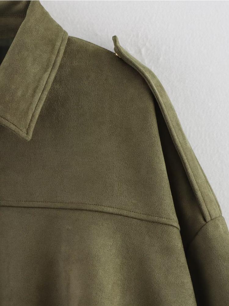 Женская замшевая куртка-бомбер Весна Новая мода Длинный рукав Молния Оверсайз Однотонное пальто-бомбер Шикарная леди 2026 Уличная одежда B88824