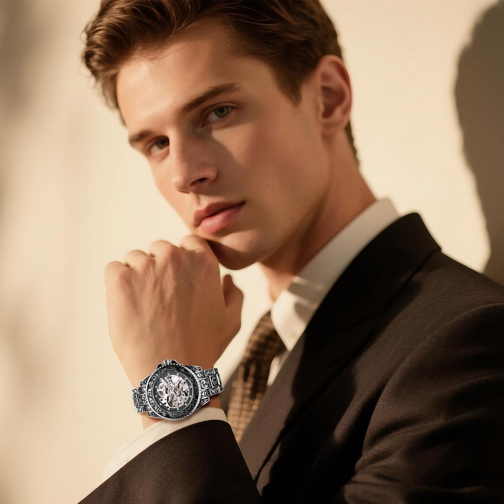 Automatic Watch with Luminous Rotating Stainless Analog Quartz Retro Raised Adjustable Length Perfect Gift for or Boyfriend Men's Bezel Waterproof,