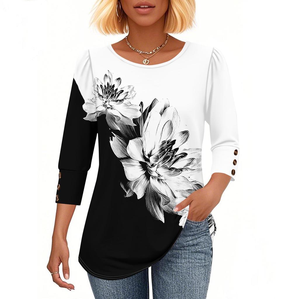 Женская мода Повседневная Винтажная Футболка Топ с круглым вырезом и рукавом в семь сложений с цветочным принтом