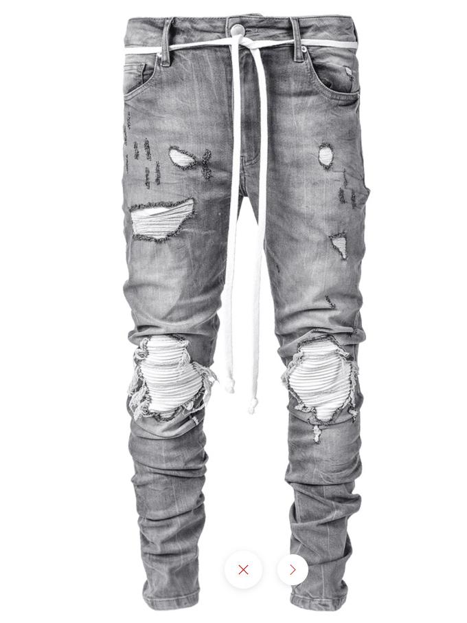Trendy Men's European Stretch Motorcycle Black Ripped Denim Jeans
