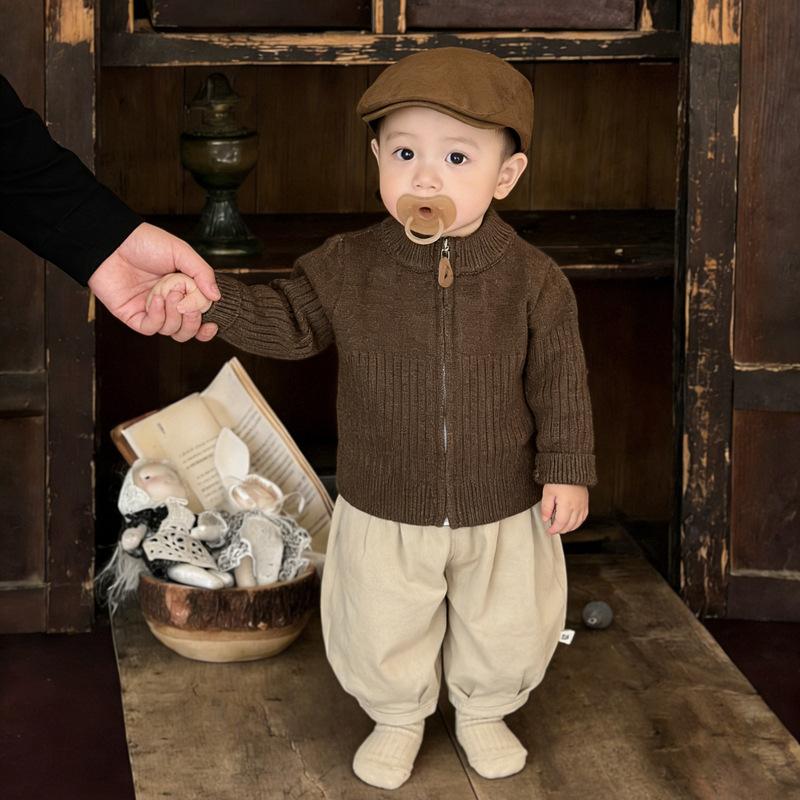 Baby Boy Stand-Up Neck Sweater Set Spring And Autumn Children'S Lazy Style Zipper Knitted Sweater Jeans Two-Piece Set