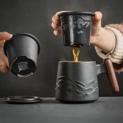 Винтажные керамические кружки, деревянные ручки, чайные чашки с ситечком и крышкой, необычная переносная кофейная кружка, персонализированные подарки для отца