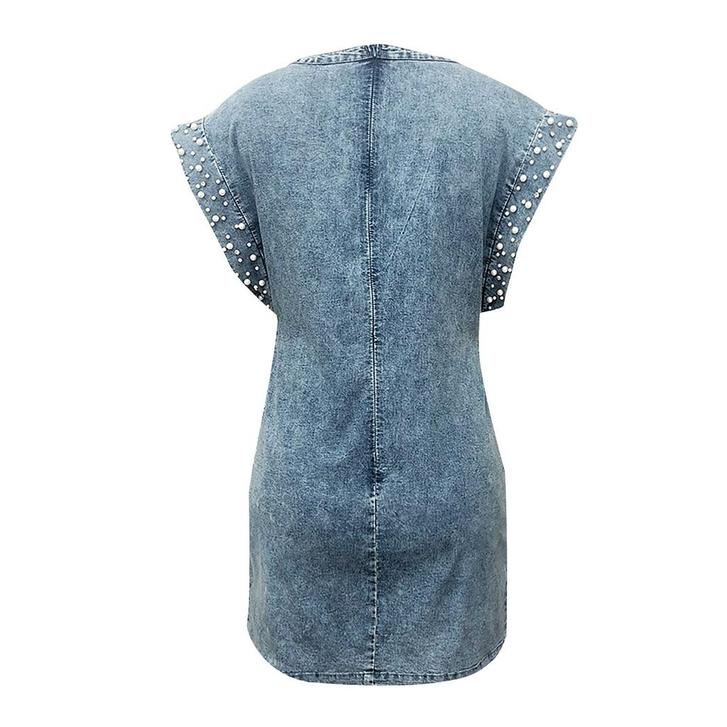 Women Casual Summer Sexy Round Neck Short Sleeve Slimming Loose Denim Dress