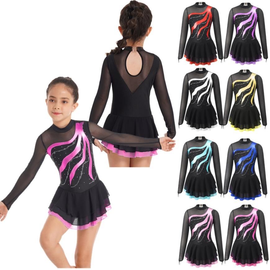 Child Girls Ballet Gymnastics Leotard Rhinestone Figure Ice Skating Dress Ballroom Dance Costume Training Performance Clothing