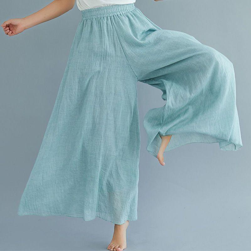Artistic Cotton Wide Leg Pants for Women's Summer Loose and Casual Solid Color Big Swing High Waist Retro Yoga Pants Skirt
