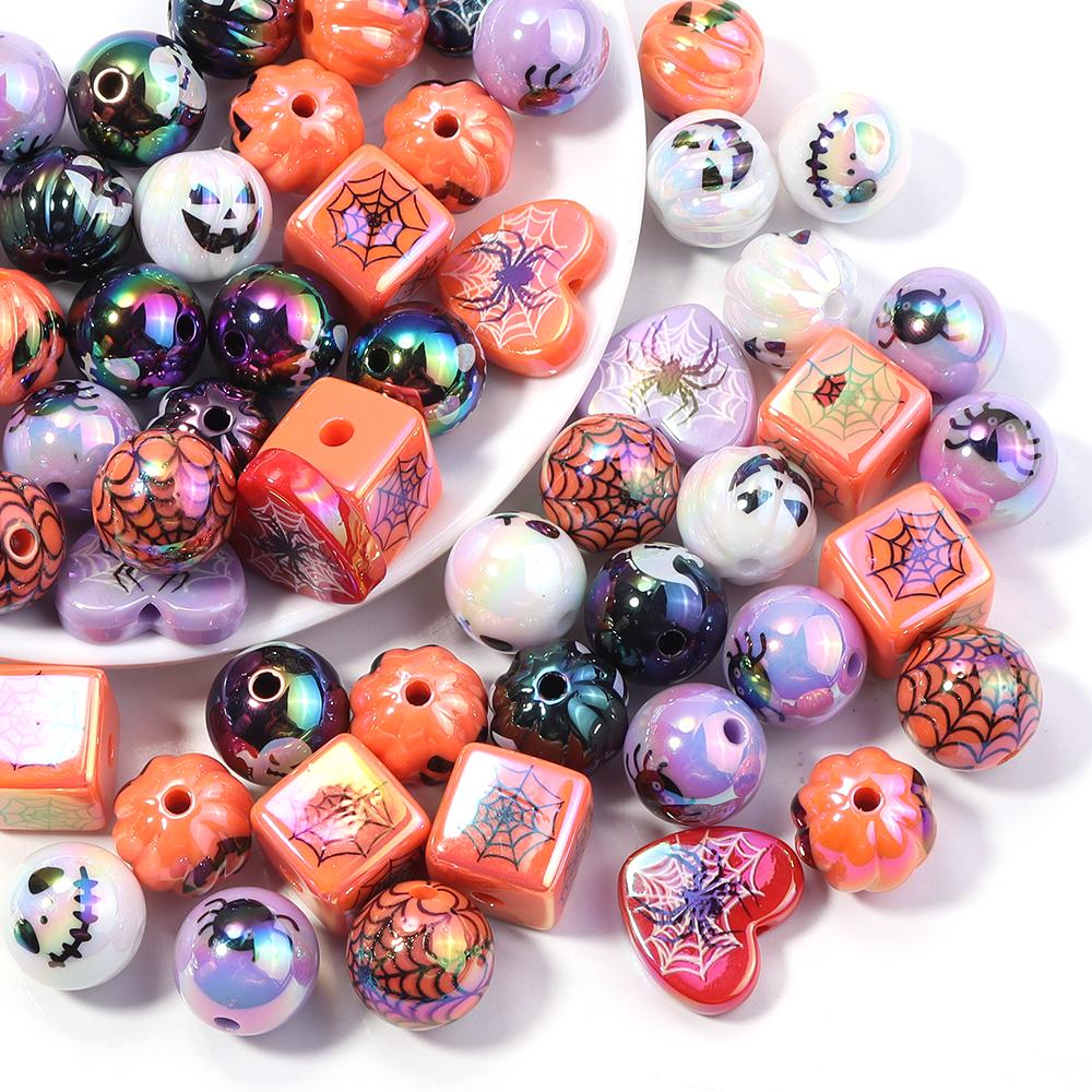 10pcs/lot Halloween Series Printed Beads Colorful Loose Round Heart Shape Acrylic Beads For DIY Charms Bracelet Necklace Jewelry