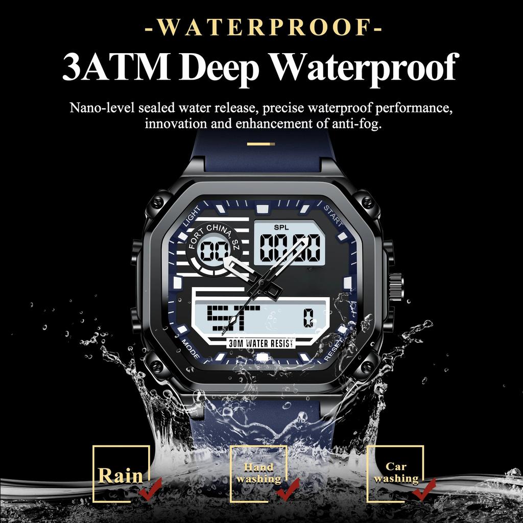 Спортивные квадратные мужские часы Водонепроницаемые Светодиодные светящиеся Неделя Дата Наручные часы Силиконовый ремешок Электронные кварцевые часы