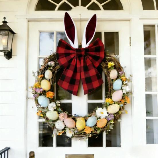 16 Inch Easter Bunny Ear Bow Rustic Buffalo Plaid Bow for Wreath Spring Holiday Decorative Fabric Bow for Tree Topper Front Door Wall Window Home