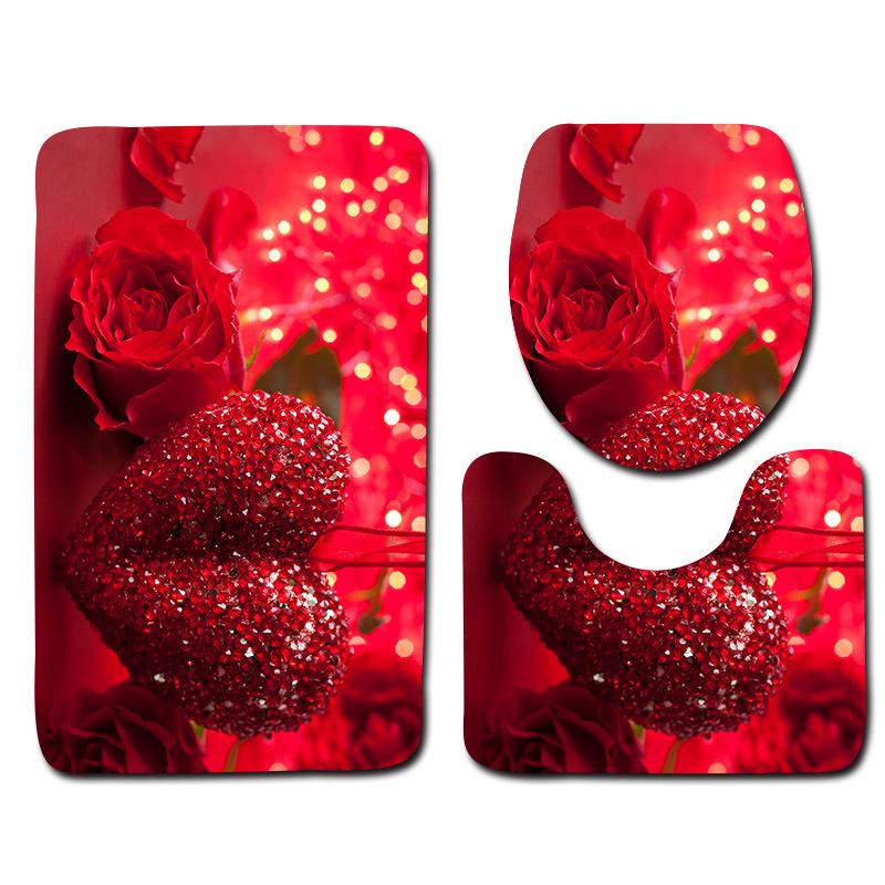 Beautiful And Romantic Valentine'S Day Bathroom Toilet Floor Mat 3-Piece Set
