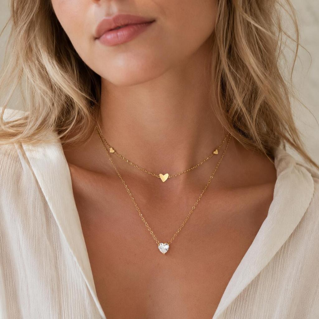 Heart Necklace, 18K Gold Plated Stainless Steel, Waterproof Tarnish Free Solitaire CZ Link Chain Layering Jewelry Women