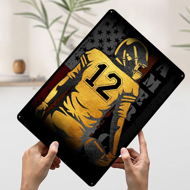 American Football Player With Flag Backdrop Tinplate Poster Customized Wall Art Vintage Metal Signs Retro Tin Plaque for House