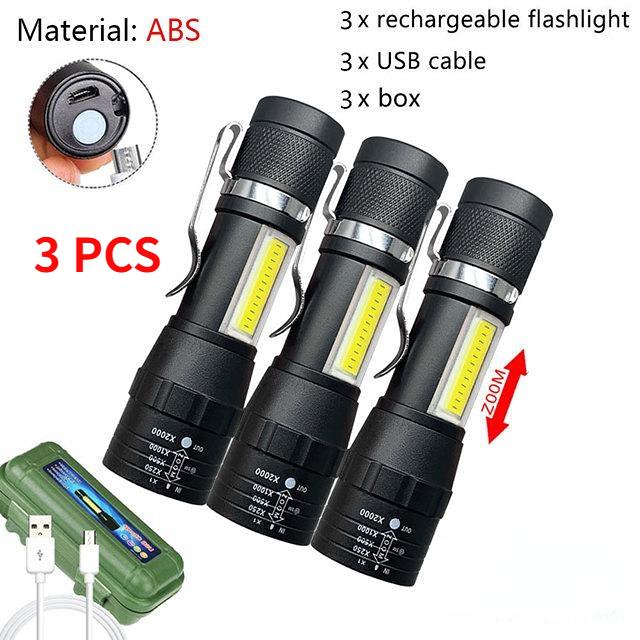 Новый уличный 3-стильный фонарик, перезаряжаемый через USB XPE, уличный светильник COB, мобильный телефон, мощный фонарик, ночной аварийный светильник