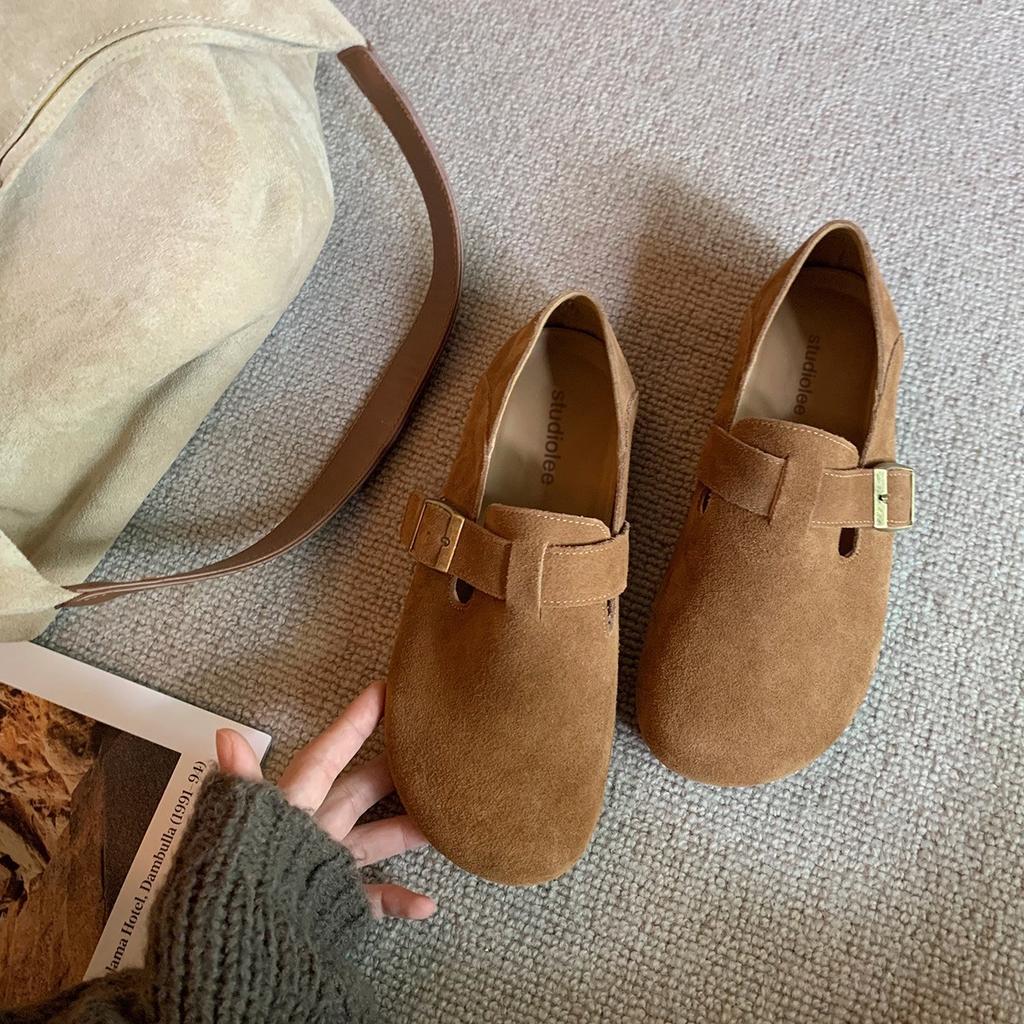 Sheepskin Version~ Genuine Leather Can Be Stepped On with One Pedal, Heel Buckle Straps, Single Shoes, Lazy Birken Women's Shoes, Boken Loafers, S