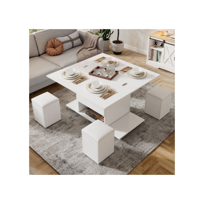 Table basse relevable multifonctionnelle - MUVOE - Bureau 2 tables - Blanc - Grande capacité - Design moderne