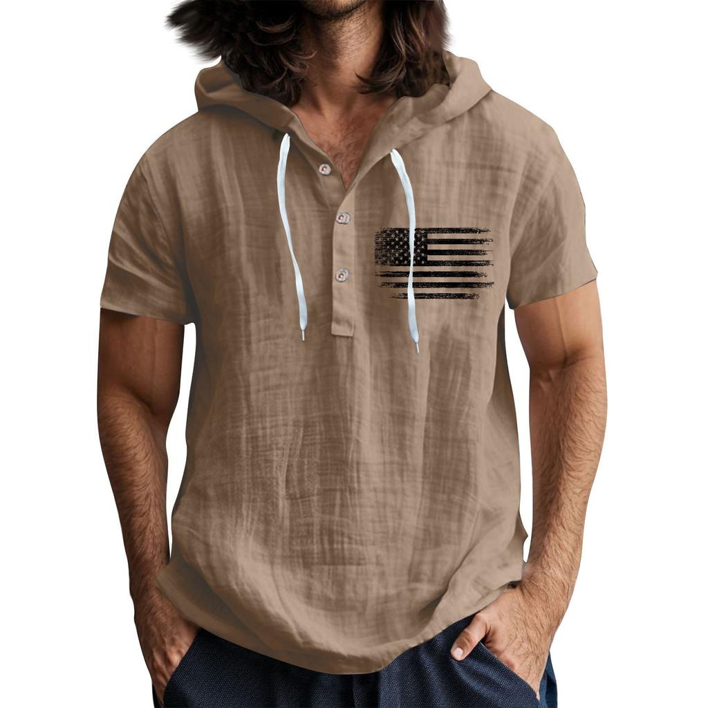 Мужская повседневная футболка с короткими рукавами, капюшоном и открытым воротом на пуговицах