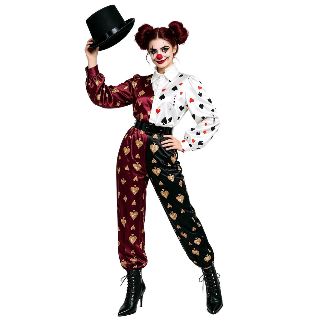 Dark Circus Clown Jumpsuit, Halloween Poker Card Print Bodysuit for Carnival & Cosplay Party
