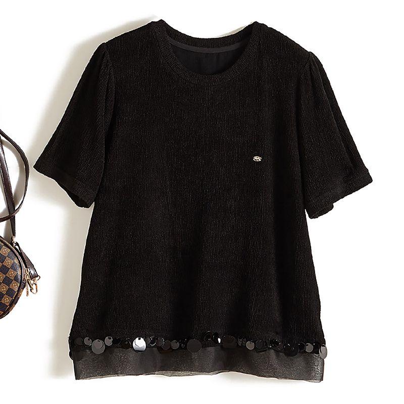 Scandinavian Light Luxury Brands Tops! Heavy Quality Women's Elastic Cotton Yarn Luminous Sequin Splicing Pullover Short Sleeve T-shirt Summer