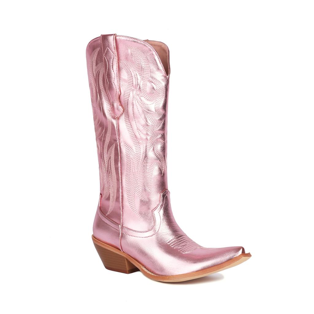 IPPEUM Silver Metallic Cowboy Boots Knee High Embroider Chunky Heel  Cowgirl Shoes Mid Calf Western Botas Cowboy Mujer